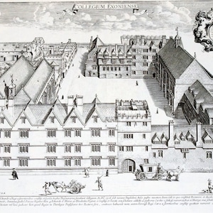 Exeter College Oxford 1675 facsimile lithografische print David Loggan 1675 vanuit vogelperspectief