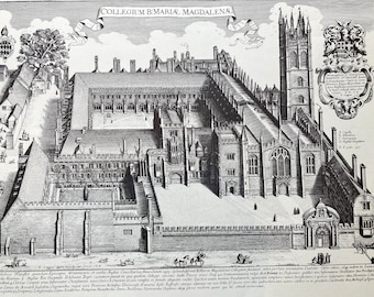Peut inclure: Une gravure en noir et blanc du Magdalen College, Oxford, en Angleterre. La gravure montre les bâtiments du collège, y compris la chapelle, la tour et le quad. La gravure est datée de 1674.