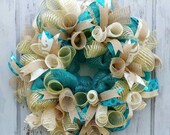 Everyday wreath, deco mesh wreath, teal wreath, burlap wreath, front door wreath, turquoise wreath, wreath with curls, gold cream wreath,