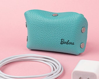 Personalized Leather Charger Case: Floral Monogram Tech Organizer