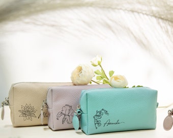 Birth Flower Leather Makeup Bag: Personalized Cosmetic Bag Gift