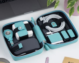 Pebbled Leather Travel Tech Organizer, Cable Charger Case, Apple Accessories Bag