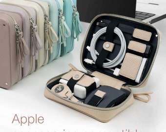 Personalized Leather Tech Accessories Organizer, Multi-Slot Zipper Case