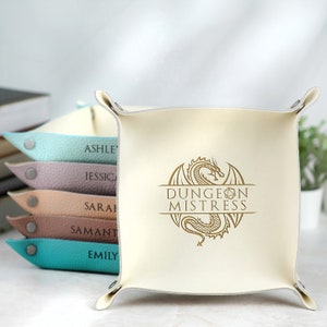 Dungeon Mistress & dragon dnd dice rolling tray, Personalized leather catchall tray - sophisticated boho-style room decor accessories