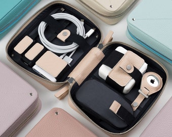 Personalized Leather Tech Organizer: Handmade Travel Cord & Cable Case