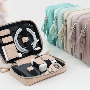 Travel cable organizer, Personalized leather tech organizer bags, gifts for women