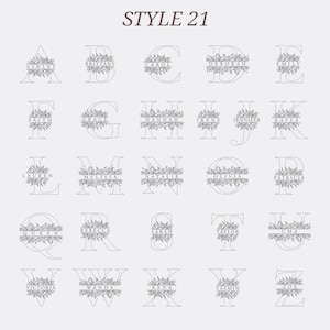 May include: A set of 26 alphabet letters with floral designs and names written below each letter. The letters are in black and white and the names are in a simple font.