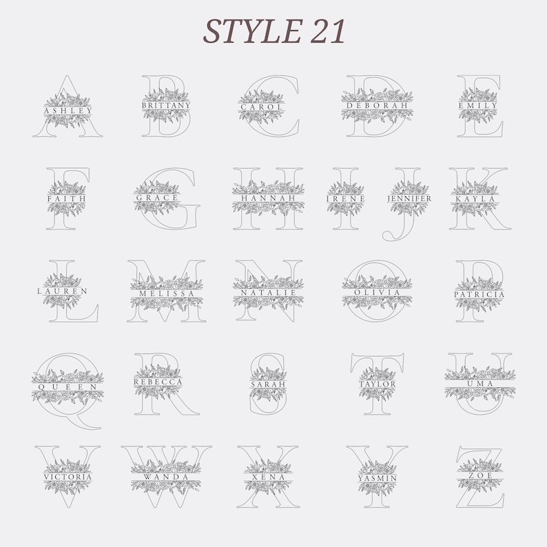May include: A set of 26 alphabet letters with floral designs and names written below each letter. The letters are in black and white and the names are in a simple font.