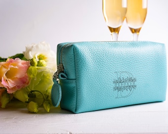 Personalized Leather Makeup Bag – Custom Monogram Cosmetic Pouch, Turquoise Travel Toiletry Bag, Bridesmaid Gift, Gift for Her
