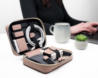 Leather Cord Organizer Travel Bag, Tech Accessory Case
