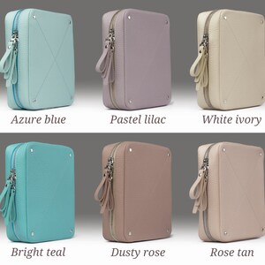 Travel cable organizer, Personalized leather tech organizer bags, gifts for women: white Ivory, rose tan, dusty rose, pastel lilac, azure blue, bright teal electronic accessories bags