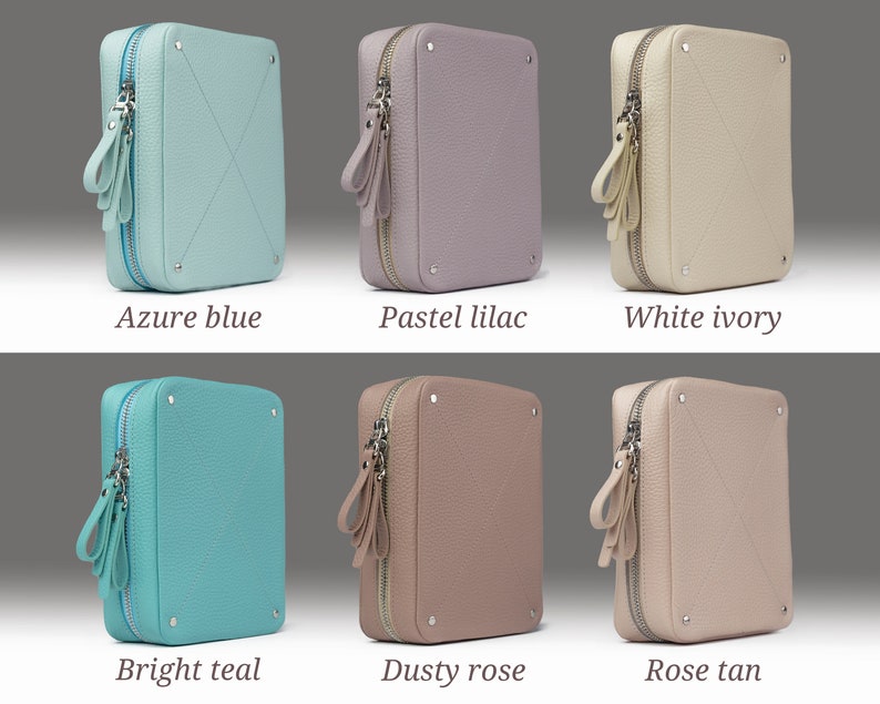 Travel cable organizer, Personalized leather tech organizer bags, gifts for women: white Ivory, rose tan, dusty rose, pastel lilac, azure blue, bright teal electronic accessories bags
