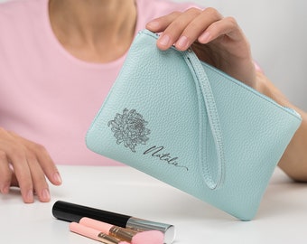 Leather Makeup Pouch personalized with Birth Month Flower Engraving, Slim makeup bag with floral monogram - stylish Christmas gift for her