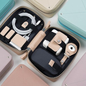 Travel cable organizer, Personalized leather tech organizer bags, gifts for women
