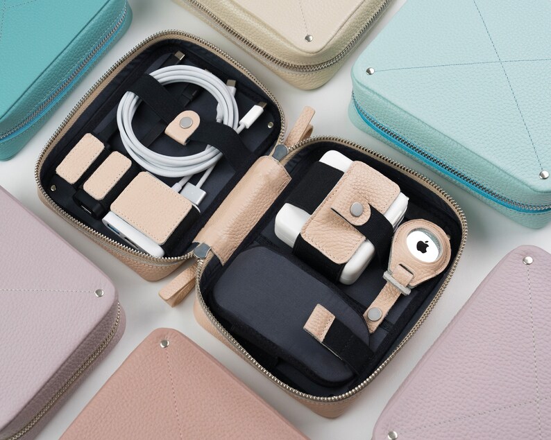 Travel cable organizer, Personalized leather tech organizer bags, gifts for women