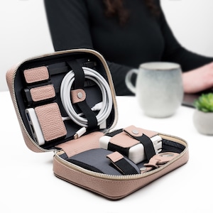 Travel cord organizer Personalized gift for her Christmas Handmade leather tech accessories bag Charger cable holder laser engraved