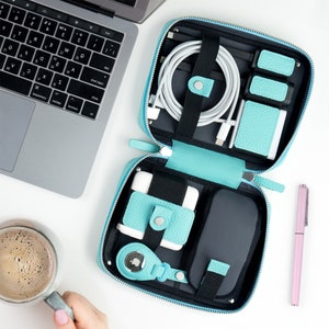 Leather cord organizer cable management Personalized Gift for her Tech Case For Travel cord organizer travel Tech accessories pouch