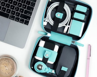 Personalized Leather Cord Organizer: Travel Tech Accessories Pouch