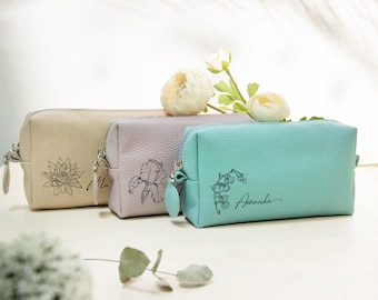 Birth Flower Leather Makeup Bag, Personalized Cosmetic Bag