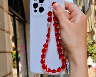 Red crystal phone strap | Phone chain with hearts | Phone string love | Luxury phone charm | Mobile accessory