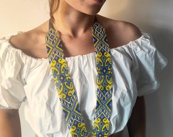 Yellow blue statement necklace | Boho necklace | Ukrainian gerdan | Gerdan with ornament