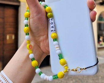 Stylish handmade phone strap | Y2K yellow phone chain | Citrus phone charm | Love phone charm | White phone strap | Phone case chain