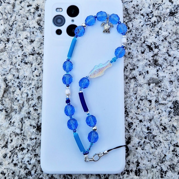 Colgador de teléfono con perla de agua dulce / Encanto de teléfono con colgante de tortuga / Correa de teléfono con pez / Cadena de funda de teléfono azul / Cuerda de teléfono con cuentas