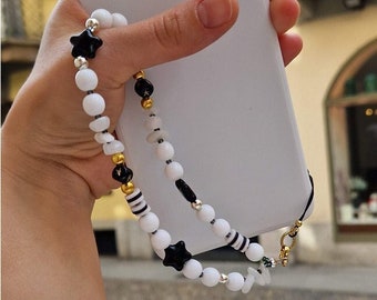 Bracelet de téléphone de luxe fait main avec perles noires et blanches | Charme de téléphone avec étoiles noires | Charme de téléphone en cristal | Accessoire mobile