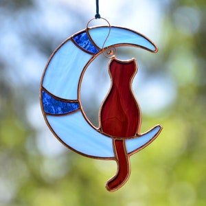 Stained glass cat on moon window hangings suncatcher, pet lost gift, gift for cat lover