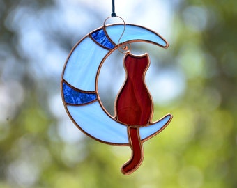 Stained glass cat on moon window hangings suncatcher, pet lost gift, gift for cat lover