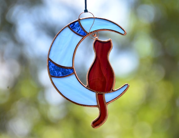 Stained glass cat on moon window hangings suncatcher, cat lost gift