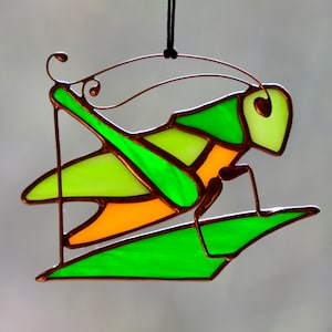 Stained glass suncatcher, grasshopper ornament, window hanging insect decor, bug window hangings
