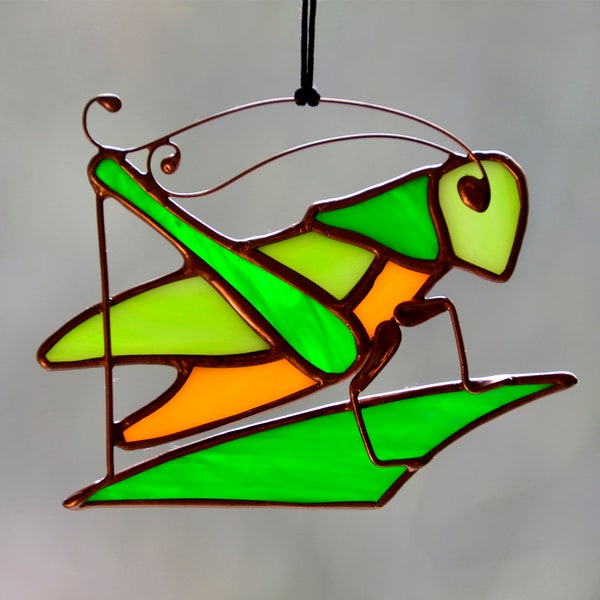 Stained glass suncatcher, grasshopper ornament, window hanging insect decor, bug ornaments