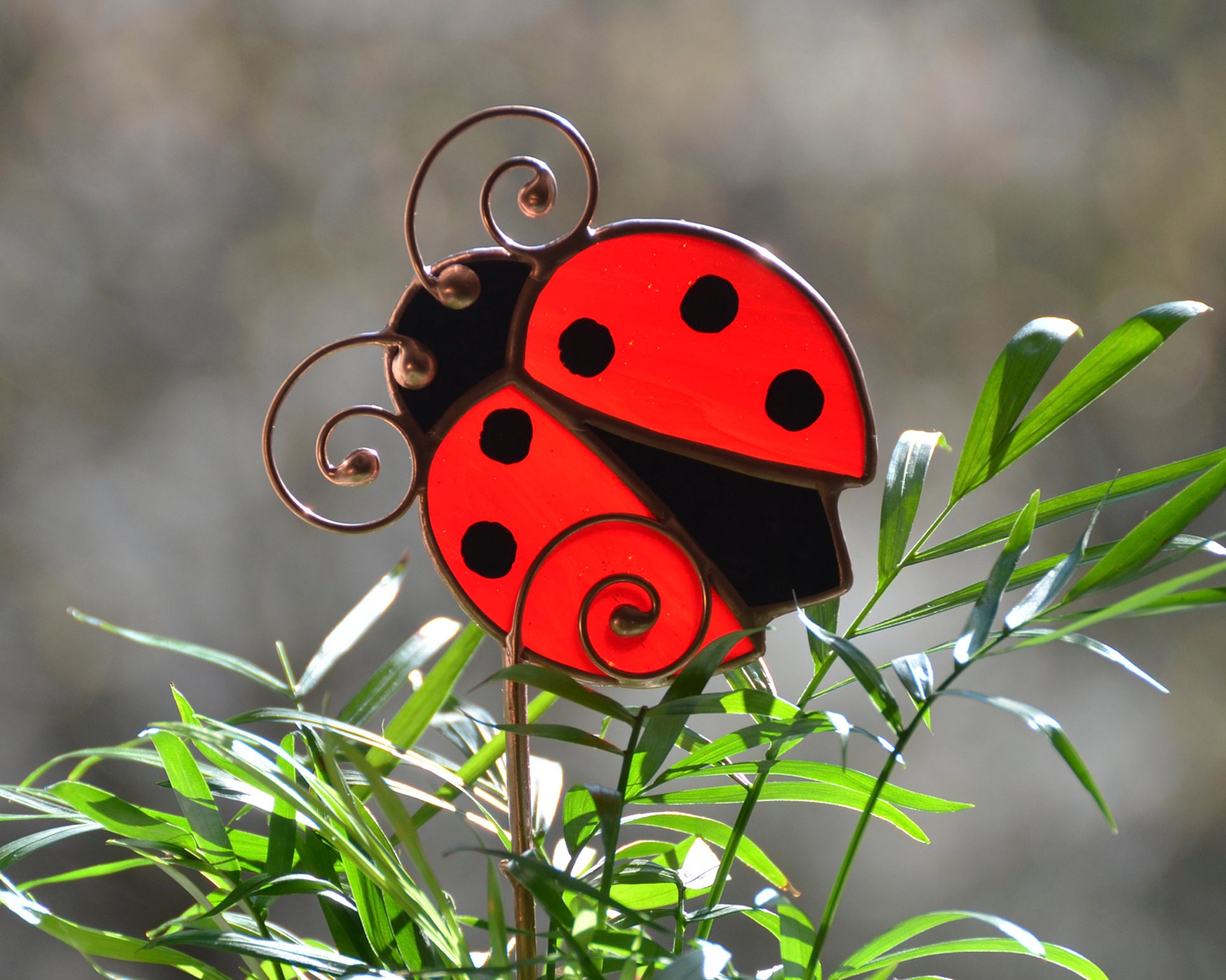 Ladybug Stake Garden Decor, Stained Glass Plant Stake, Ladybug Pot