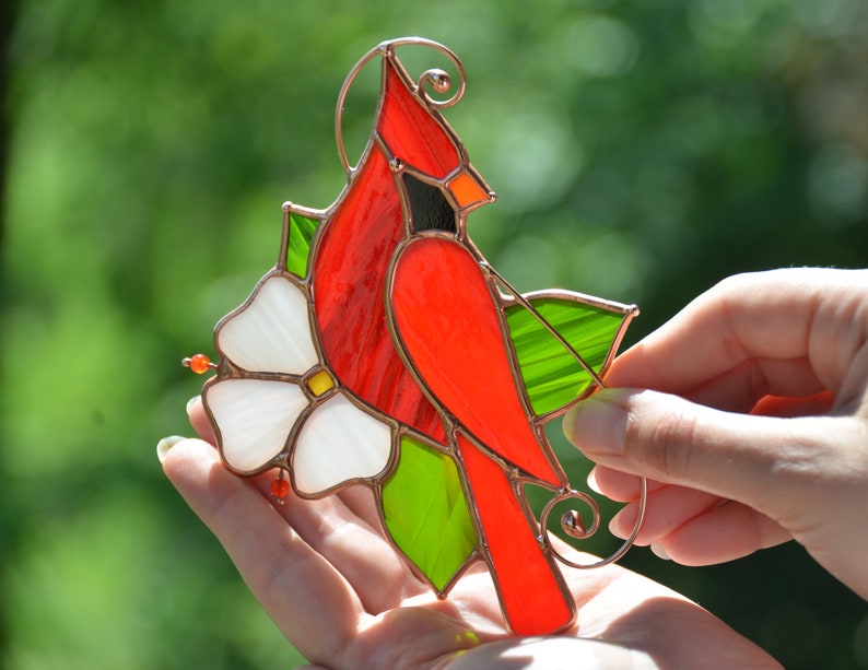 Stained glass cardinal ornament, Mother's Day gift, window hangings, memorial gift image 2