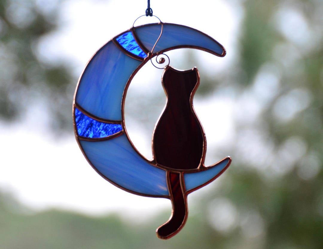 Rainbow Bridge Cat Memorial Gift - Real Stained Glass Sun Catcher, 6.3" Diameter With Chain