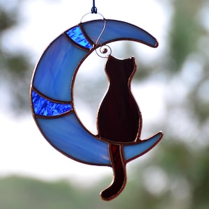 Stained glass cat on moon window hangings suncatcher, pet lost gift, gift for cat lover