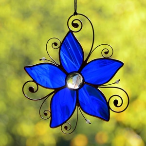 Stained glass window hangings, blue flower sun catcher, glass flower Mother's Day gift, housewarming gift