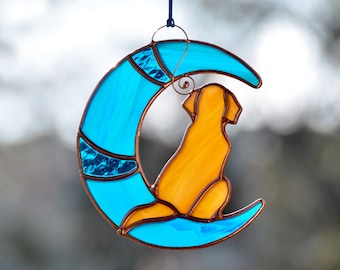 Dog memorial window hangings, stained glass dog on moon suncatcher, loss of pet sympathy gift