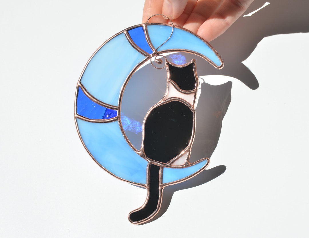 Stained Glass Cat on Moon Window Hanging Suncatcher Etsy