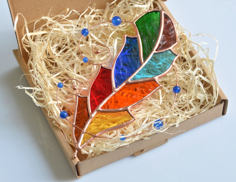 Stained Glass Suncatcher Rainbow Feather Suncatcher Stain Etsy