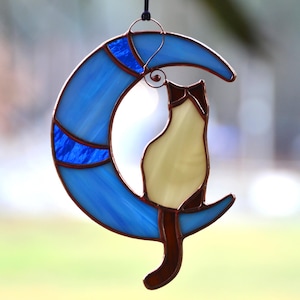 Stained glass cat on moon window hanging, siamese cat suncatcher
