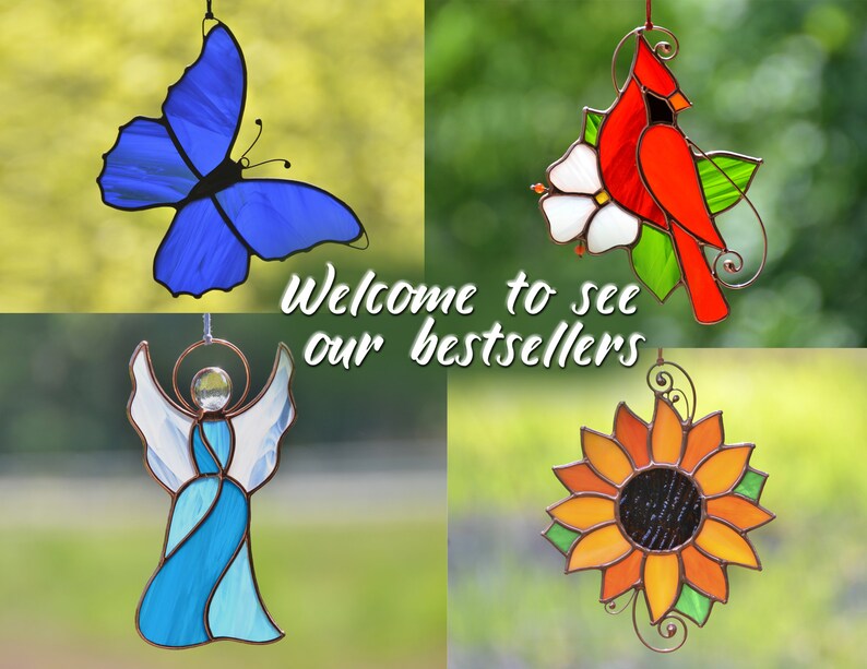 Puede incluir: Cuatro atrapasoles de vidrio: una mariposa azul, un cardenal rojo con una flor blanca, un &aacute;ngel azul y un girasol naranja. Bienvenido a ver nuestros bestsellers.