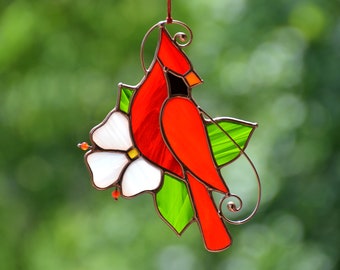 Stained glass cardinal ornament, Mother's Day gift, window hangings, memorial gift