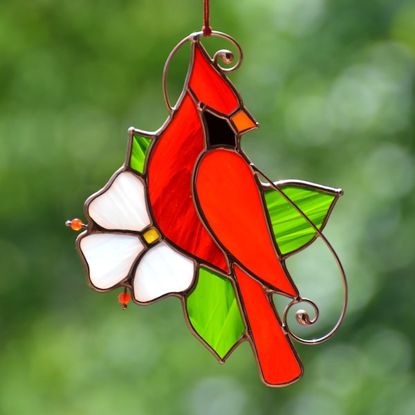 Stained glass cardinal ornament, Mother's Day gift, window hangings, memorial gift