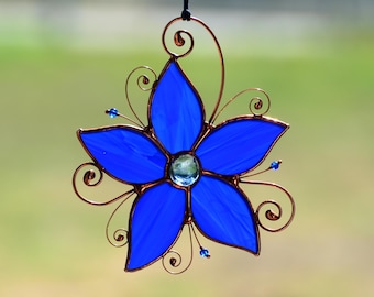 Stained glass window hangings, blue flower sun catcher, glass flower housewarming gift
