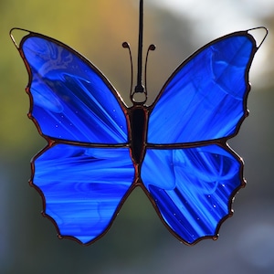 Stained glass morpho butterfly suncatcher, stain glass window hangings, blue housewarming gift, window hanging ornament