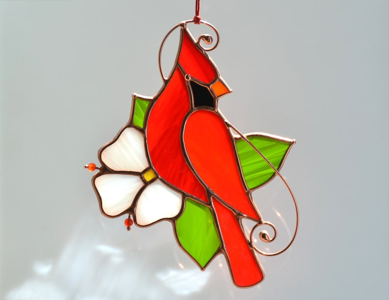 Stained glass cardinal ornament, Mother's Day gift, window hangings, memorial gift image 3