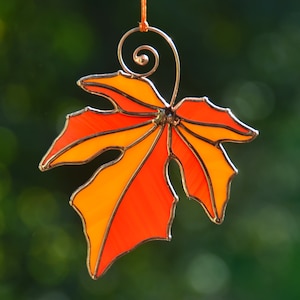 Stain glass autumn leaf suncatcher, fall window decor, Halloween window hangings suncatcher