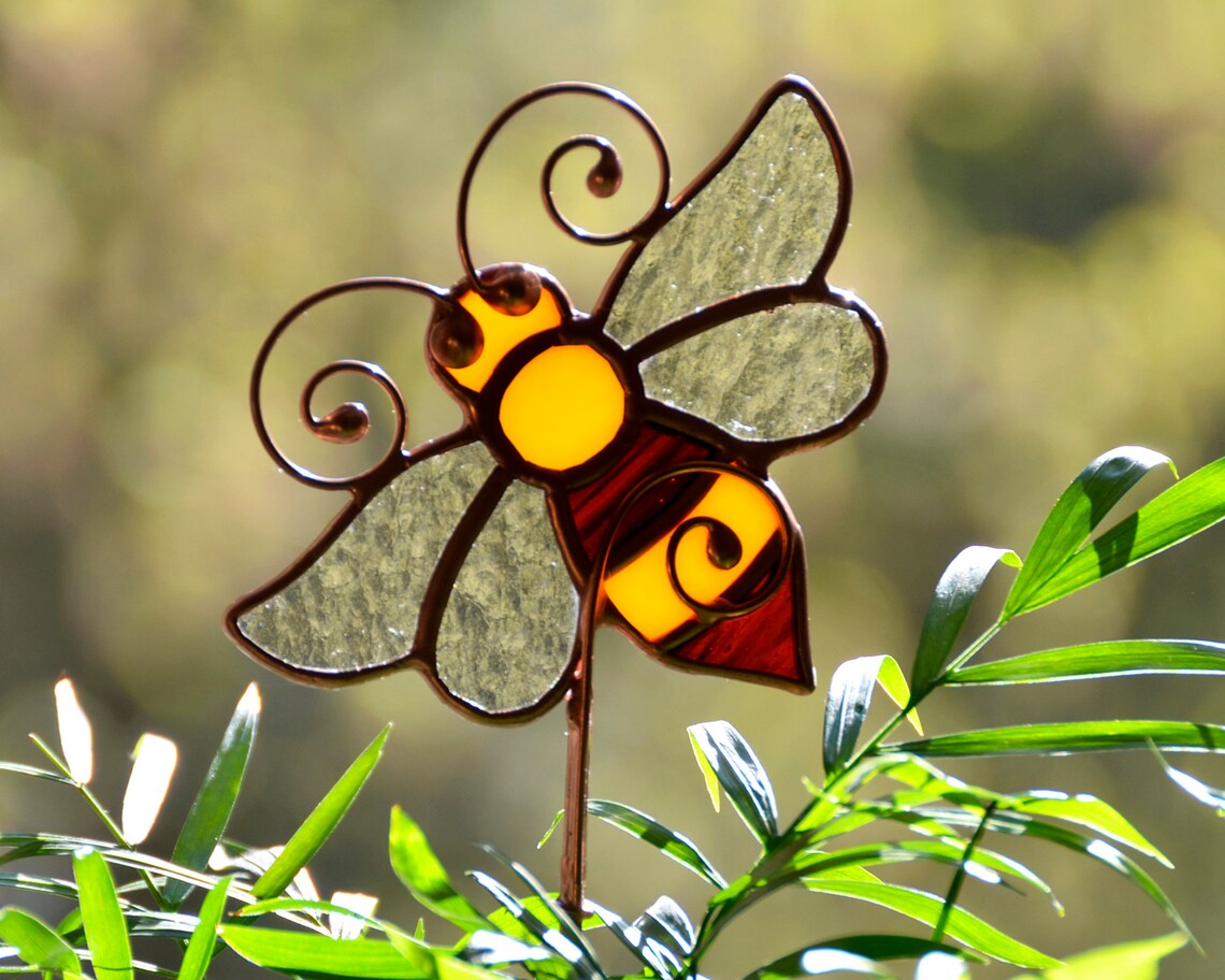 Honey Bee Garden Stake Stained Glass Plant Stake Bee Pot Etsy Ireland